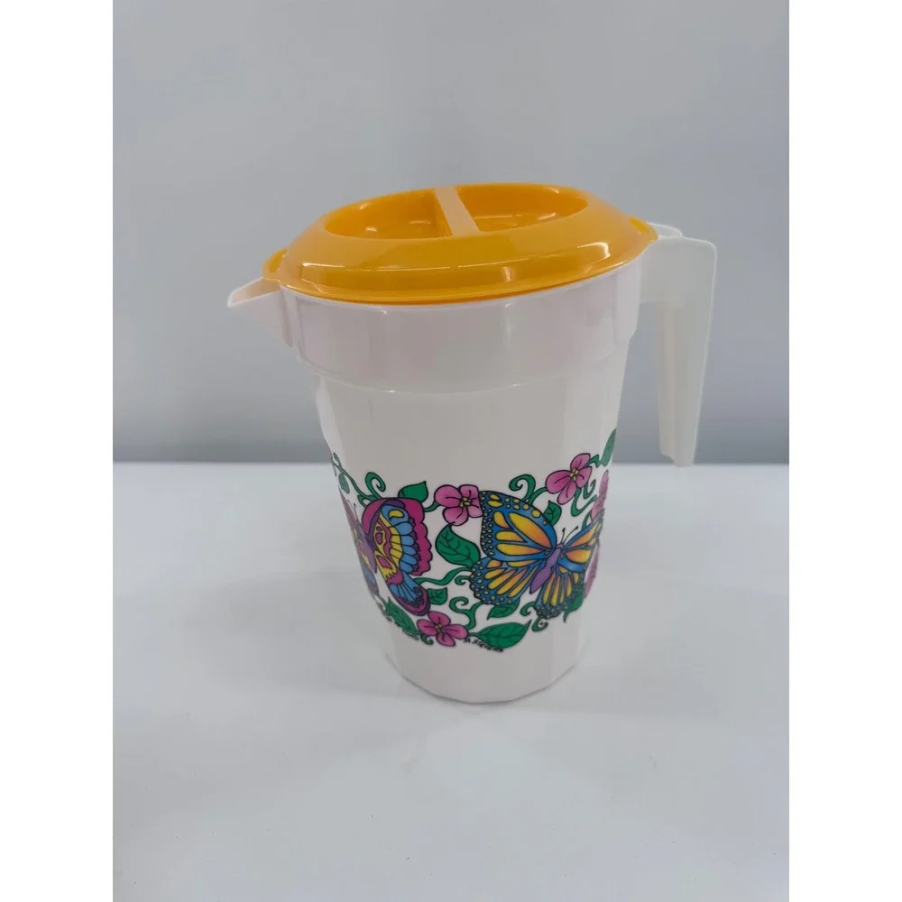 Vintage Butterfly Drink Pitcher Glasses Set White Yellow Floral Retro 5pc Picnic